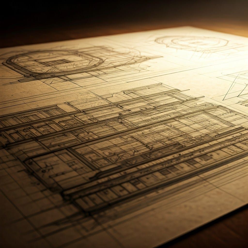 Vibrant Architectural Drawings on Vintage Paper with Cinemat...