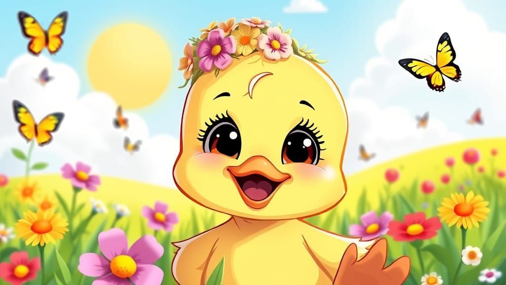 Joyful Duckling with Flower Crown in Cartoon Style