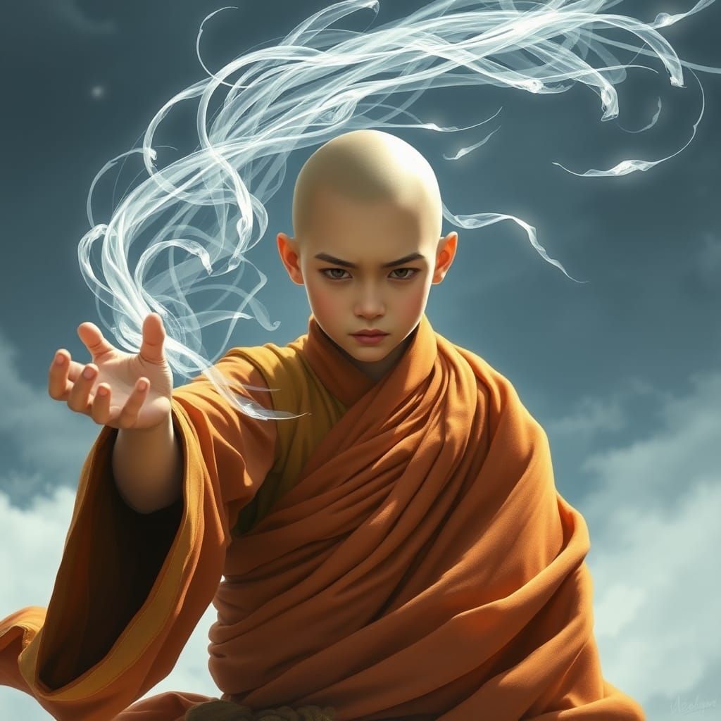 Young Monk Controls Wind Energy in HD Illustration