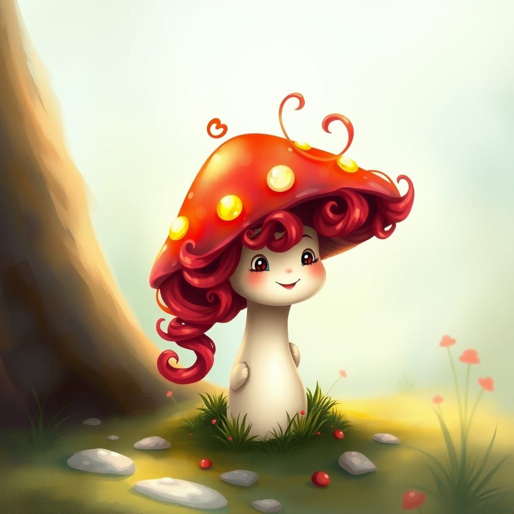Whimsical Toadstool Mushroom with Curly Red Wig