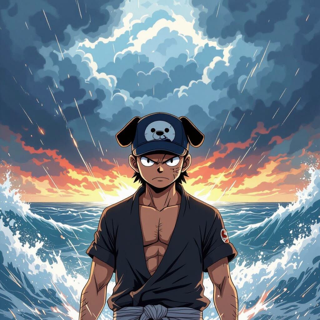 Monkey D. Garp in Dog-Head Cap Amidst Stormy Seas
