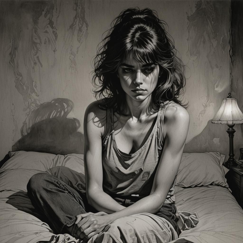 Chiaroscuro Illustration of Woman in Messy Bedroom