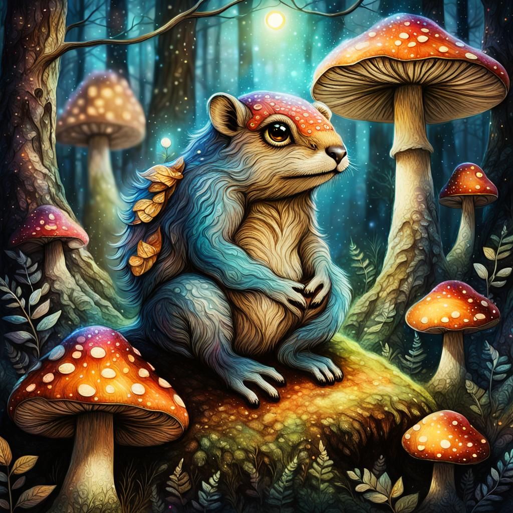 Whimsical Forest Creature in Mixed Media Style