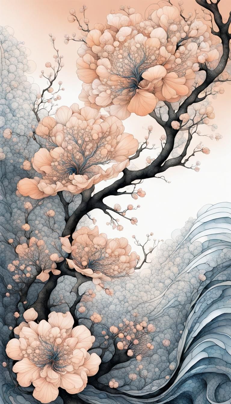 Sakura Botanical Illustration in Liquid Ink Watercolor