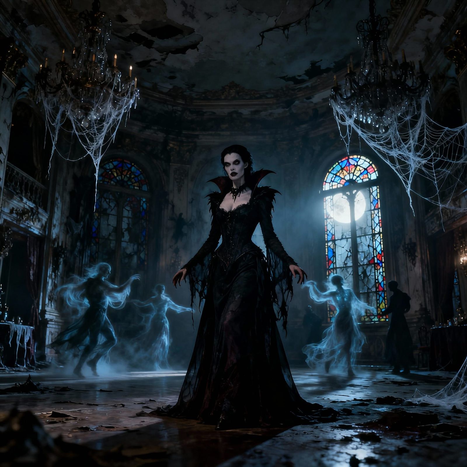 Ethereal Vampire Queen in Decaying Baroque Ballroom