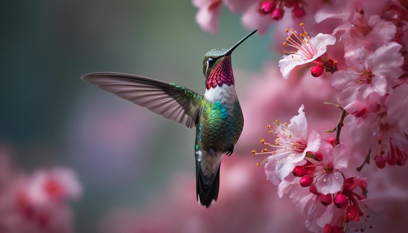 Hummingbird on Blossoms: Crystalline, Luminescent Petals