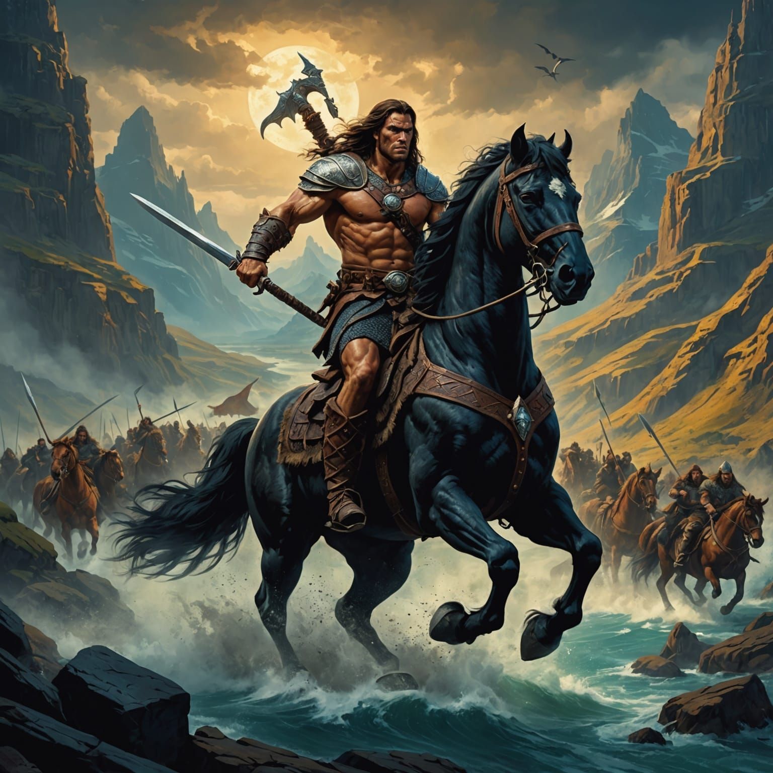 Conan Riding Sleipnir: Baroque Oil Painting