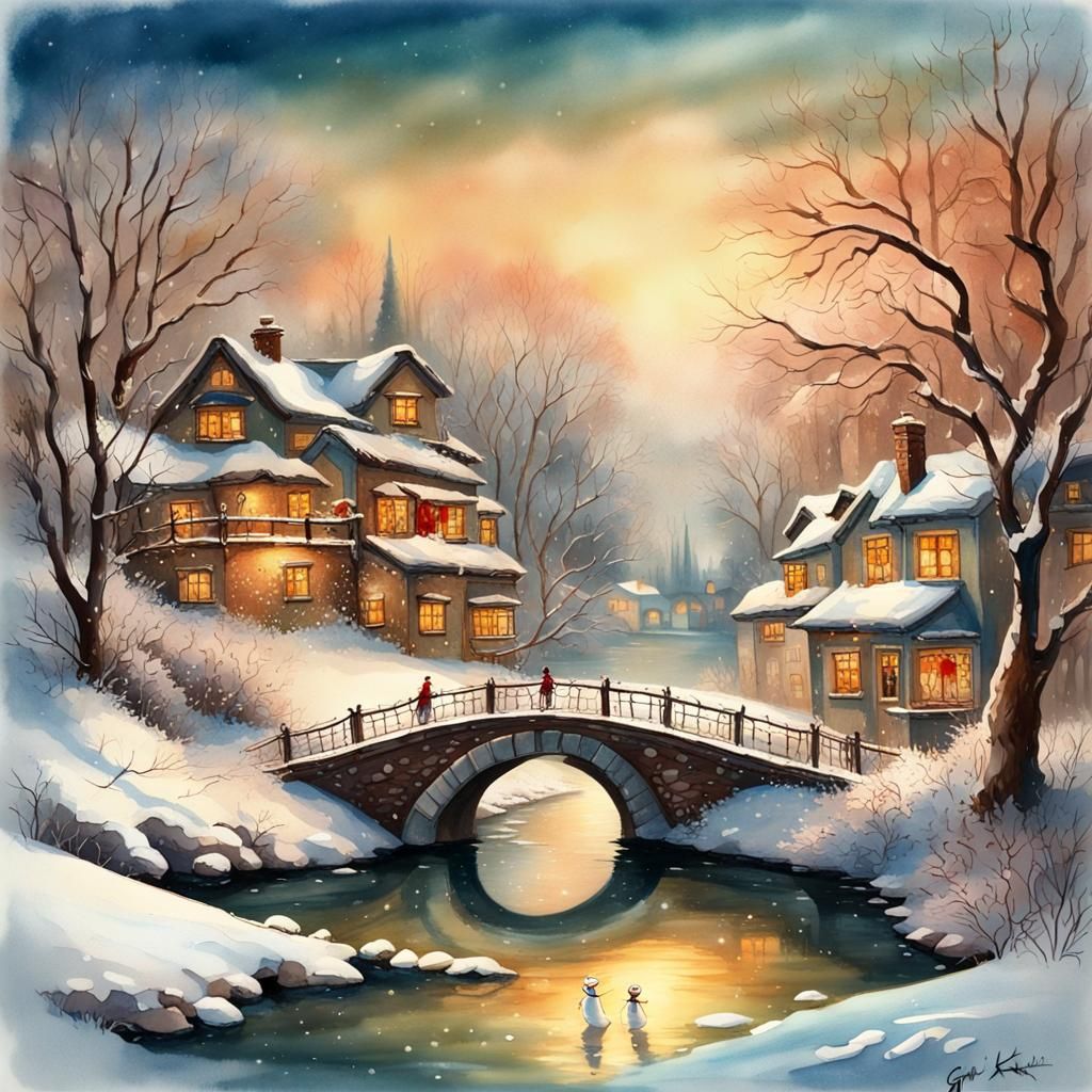 Snowy Christmas Eve Bridge in Watercolor Style