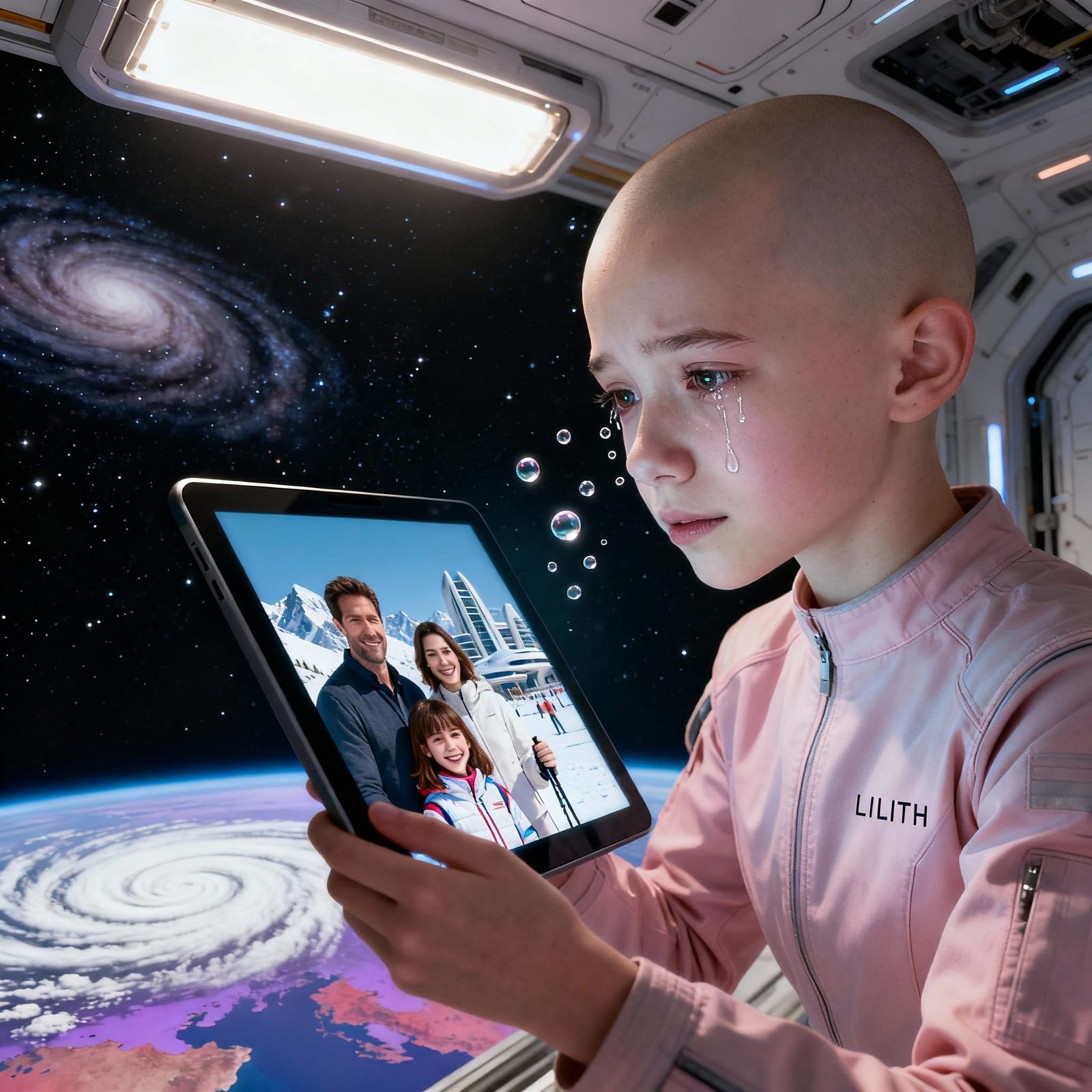 Sad Girl in Space Gazes at Family Photo