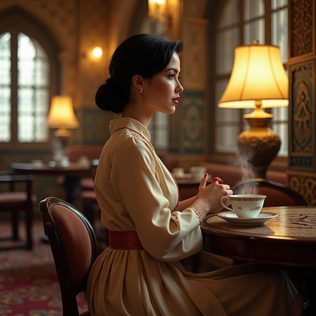 Elegant Middle Eastern Woman Sips Coffee in Vintage Café