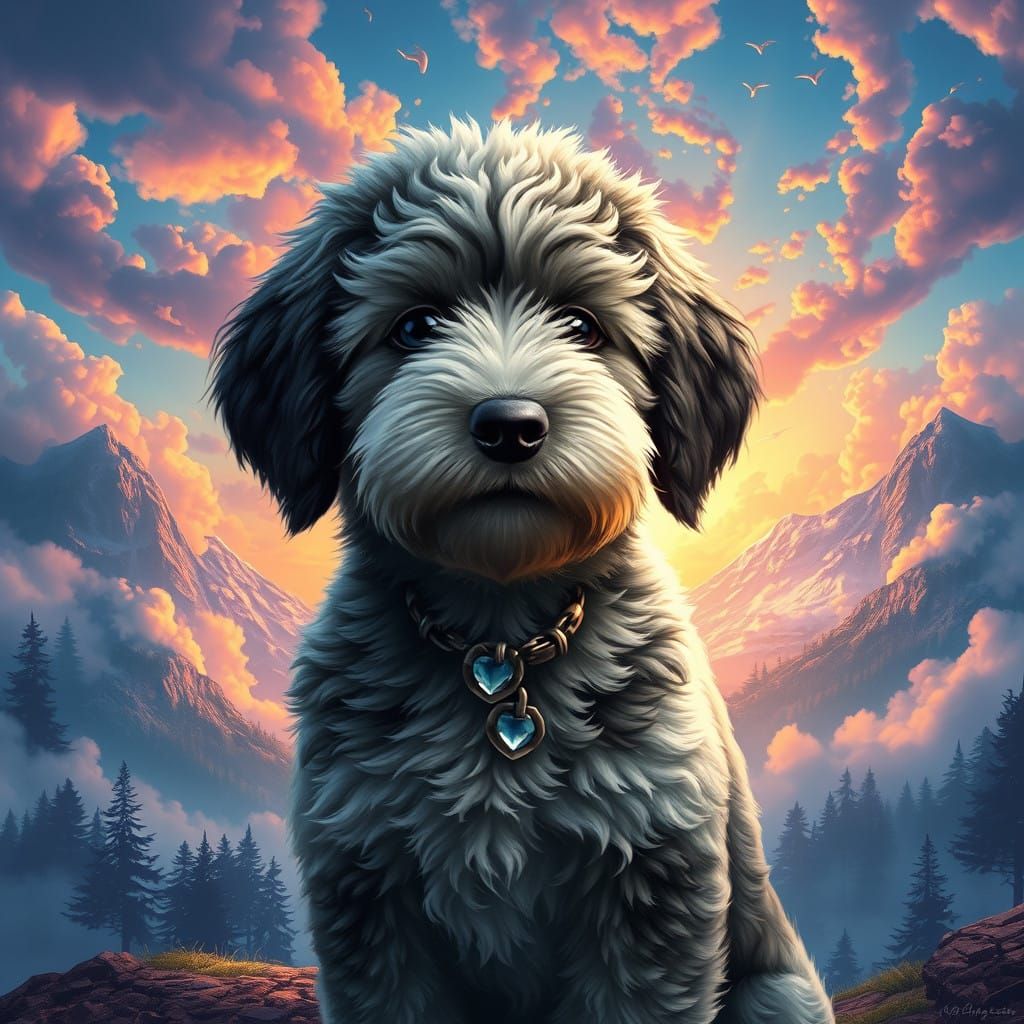 Whimsical Golden Doodle Puppy in a Fantastical Landscape