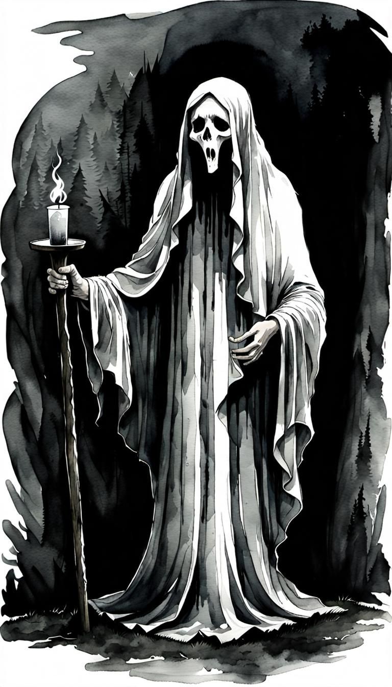 Eerie Ghost Figure in Watercolor and Ink