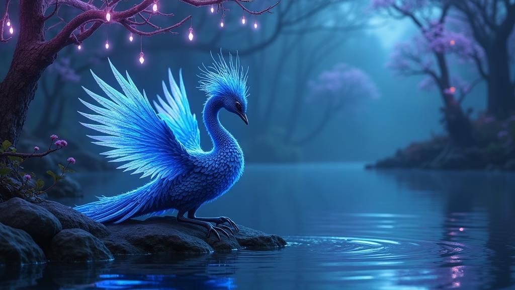 Iridescent Blue Bird on Luminous Lake