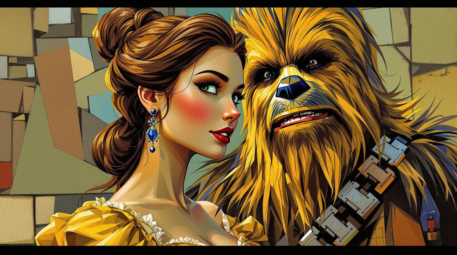 Surreal Princess Belle in Cubist Style with Chewbacca