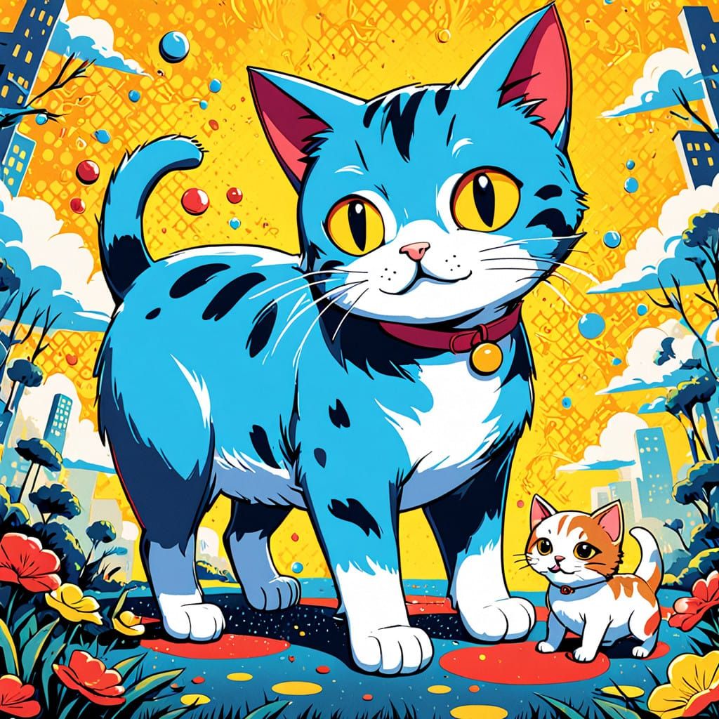Joyful Pop Art Scene with Cat and Dog