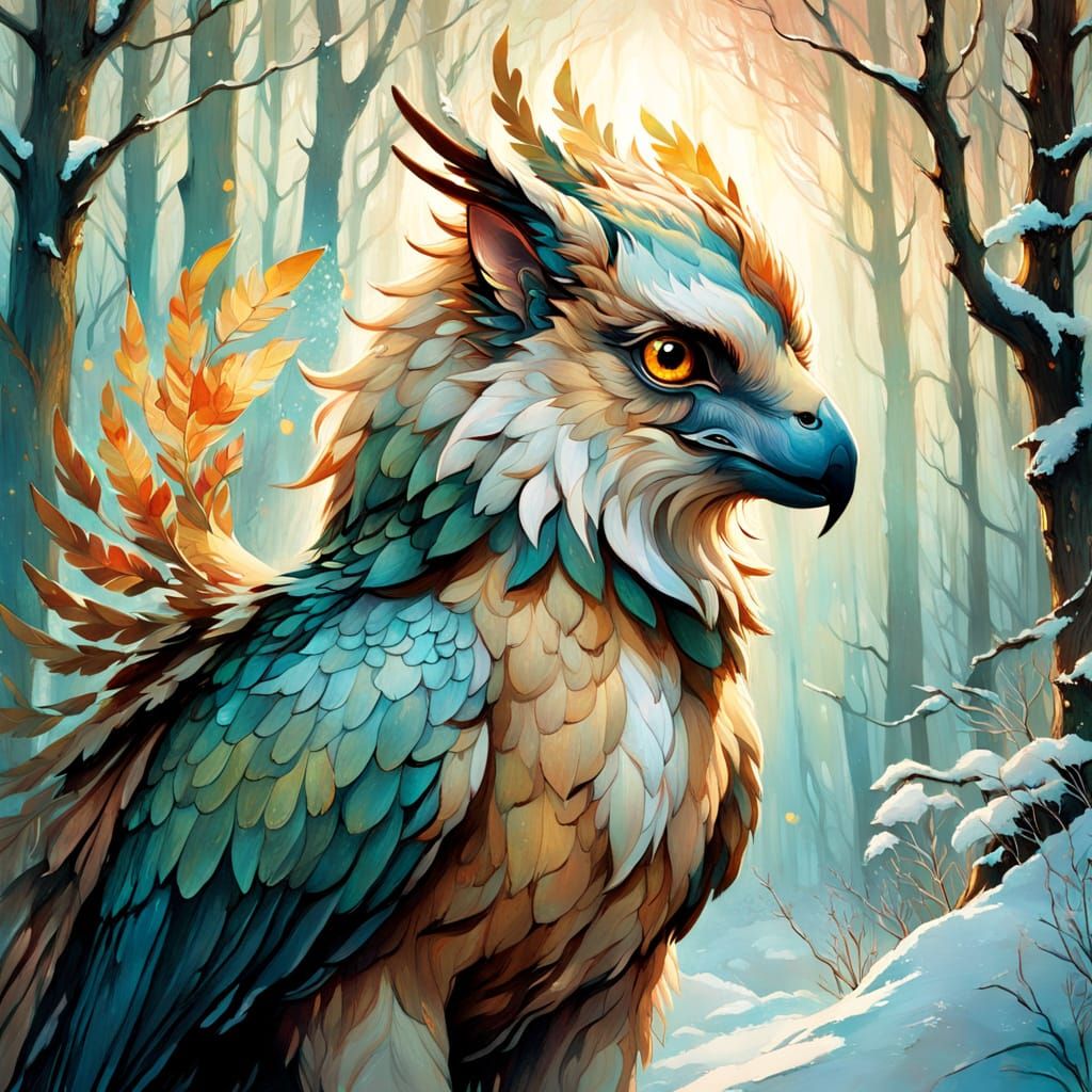 Elegant Gryphon in Woodland Winter Wonderland