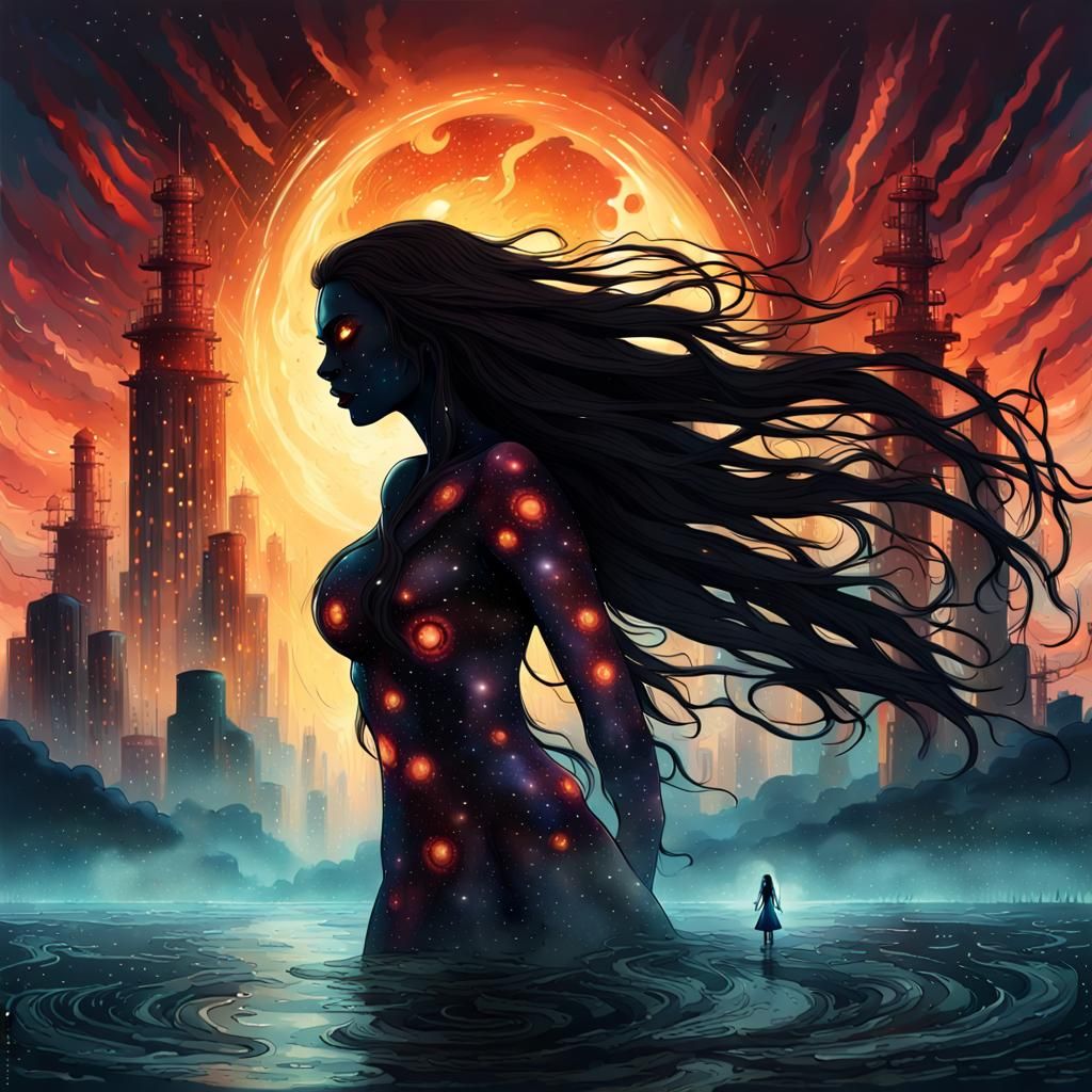 Cosmic Demon Silhouette Over Flooded City