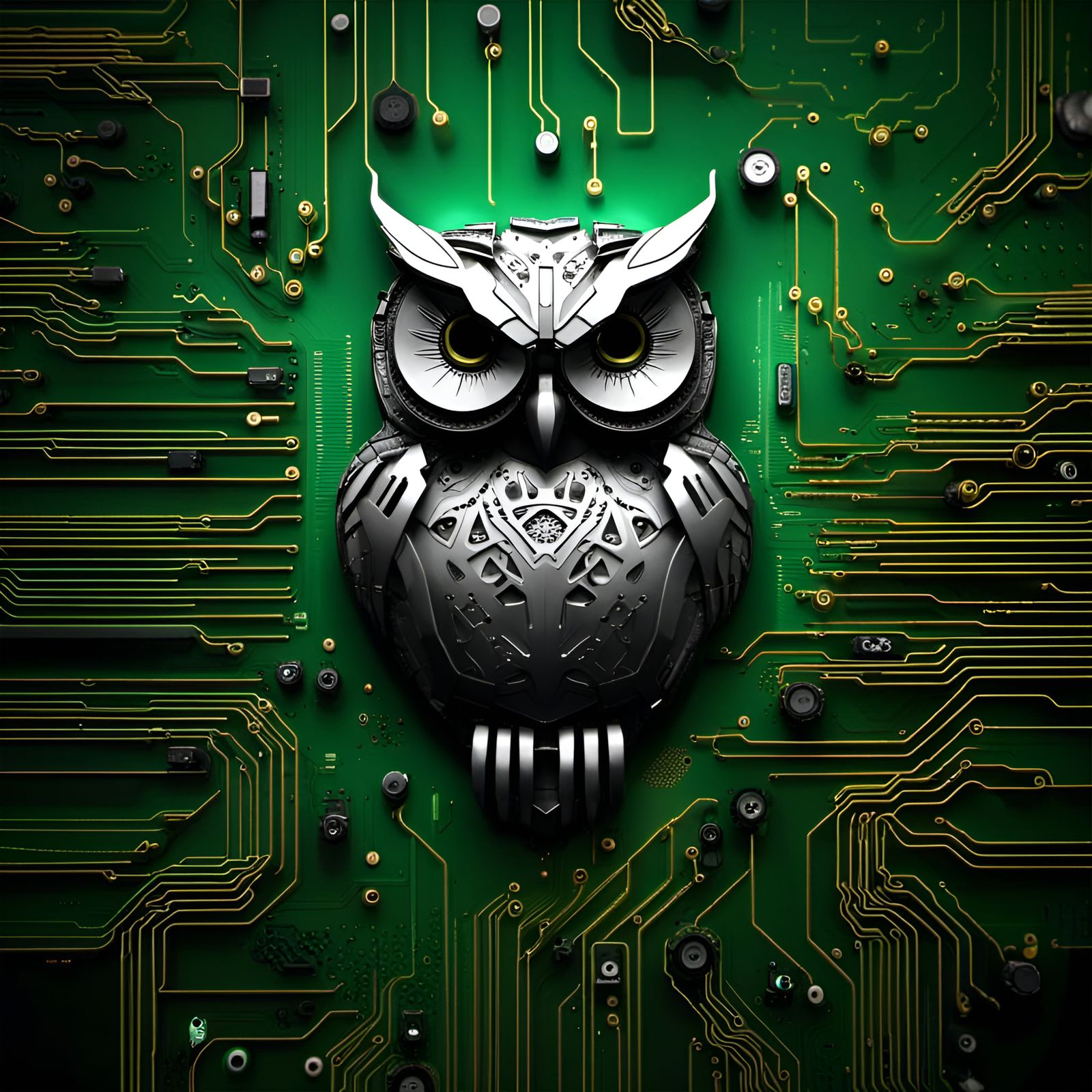 Intricate motherboard circuitry with a chipset in the shape of an OWL!! | SDXL 1.0