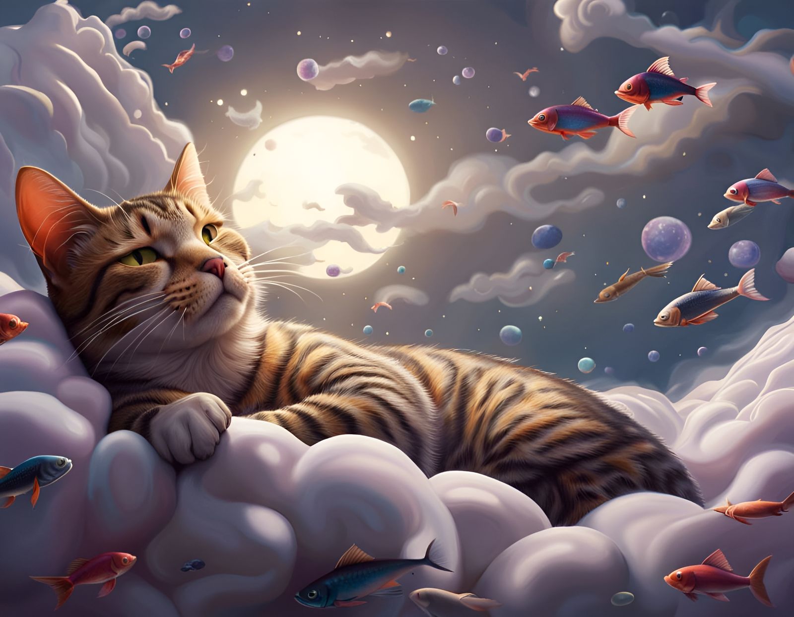 Cat's Dream of Flying Fish: Hyperdetailed Illustration