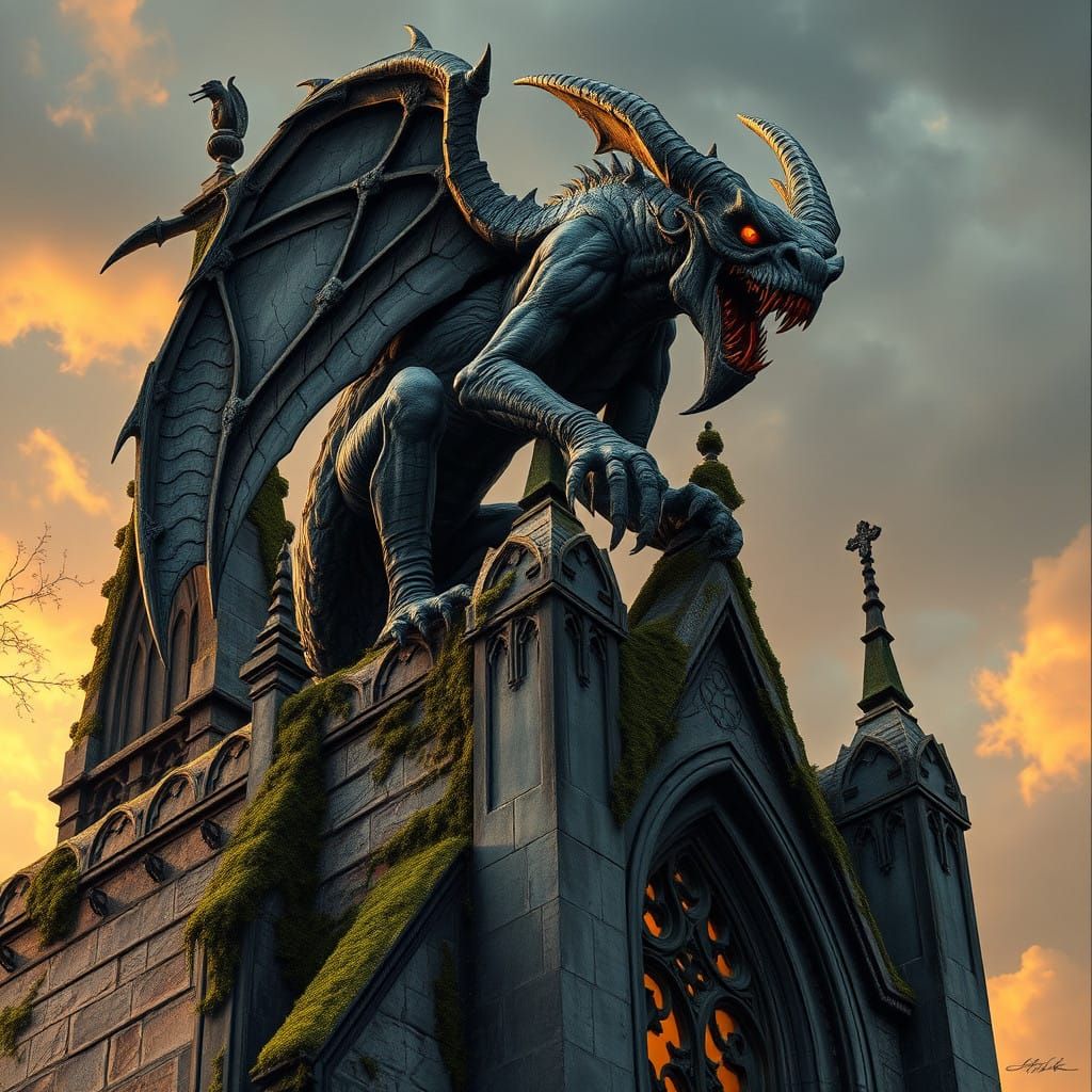 Gothic Cathedral Gargoyle Basks in Warm Sunset Light