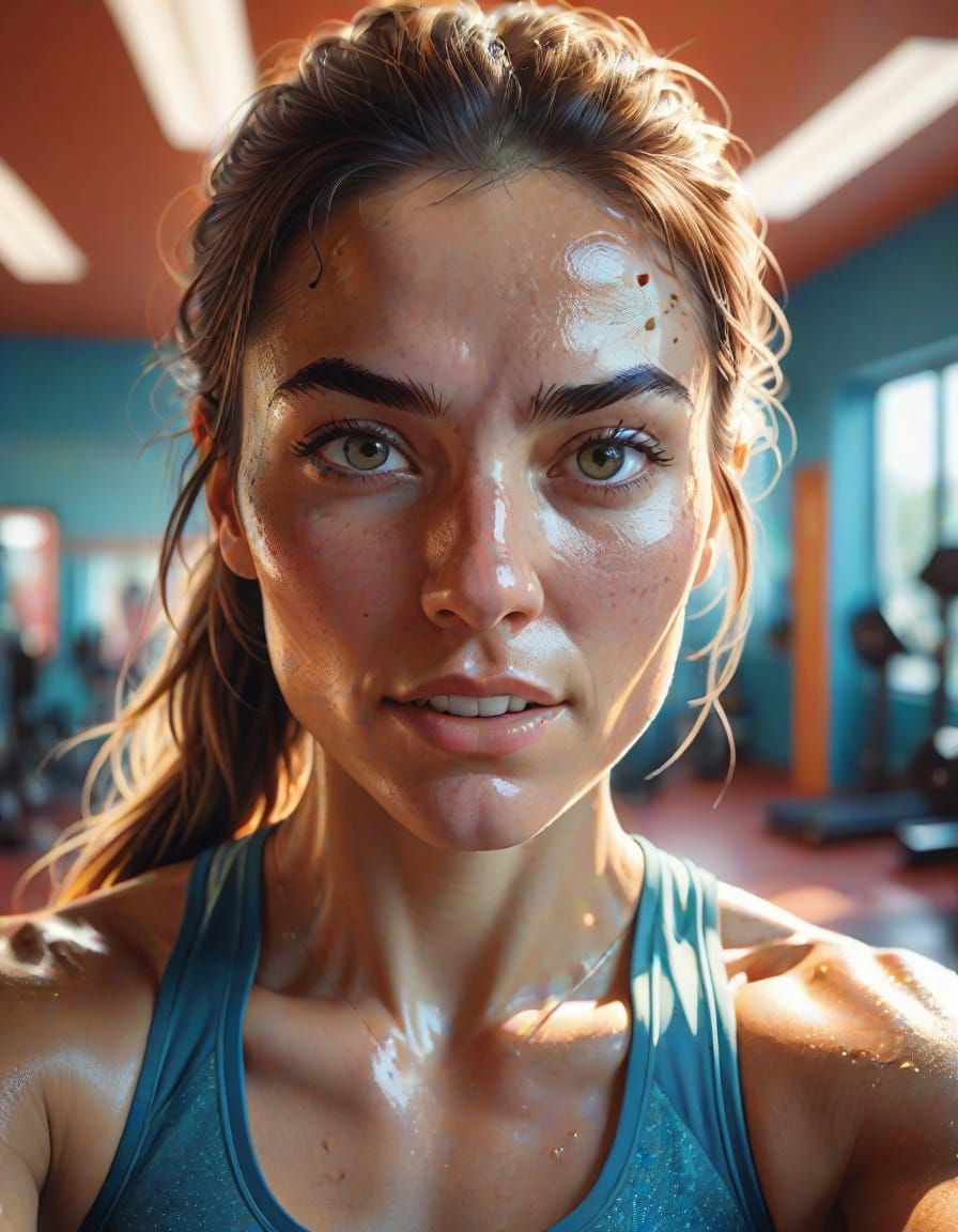 Hyperrealistic Gym Selfie of Athletic Young Woman