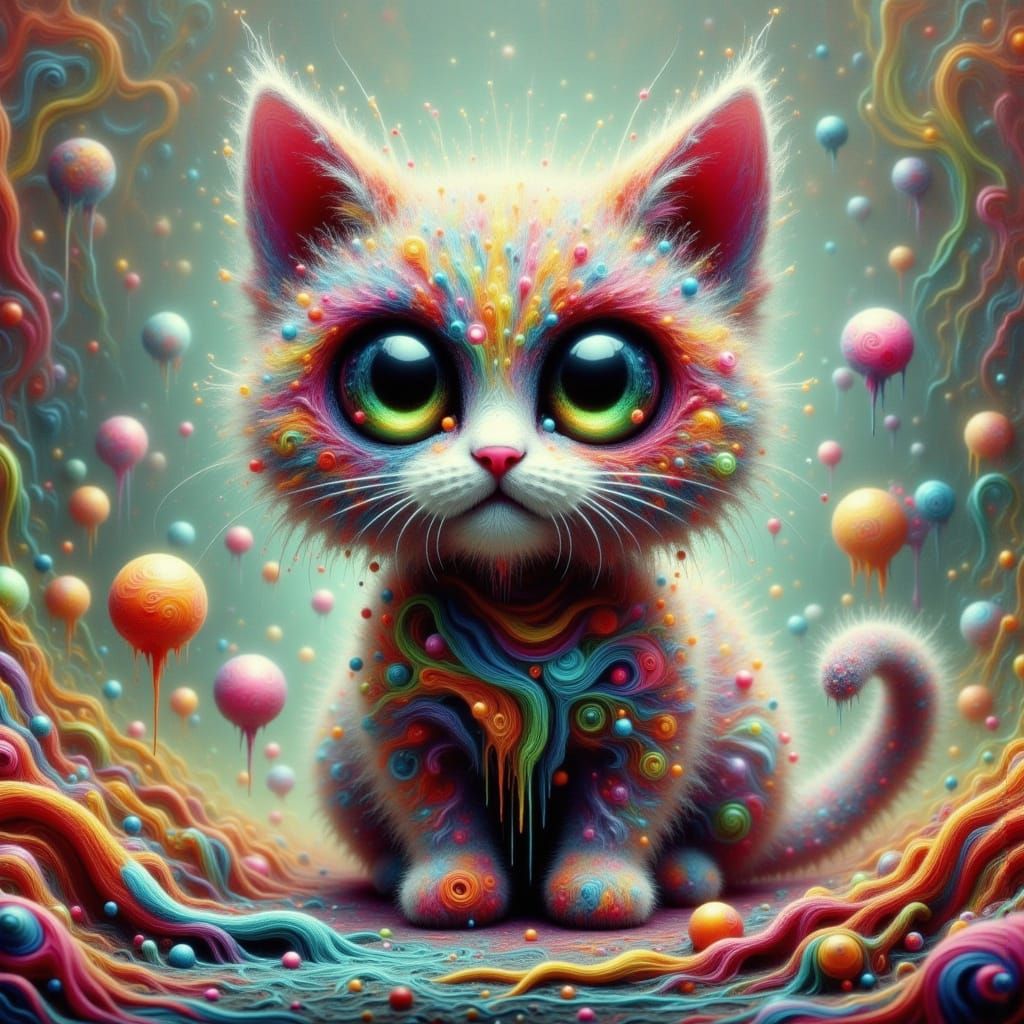 Whimsical Surrealist Cat Painting with Alien and Glass Eleme...
