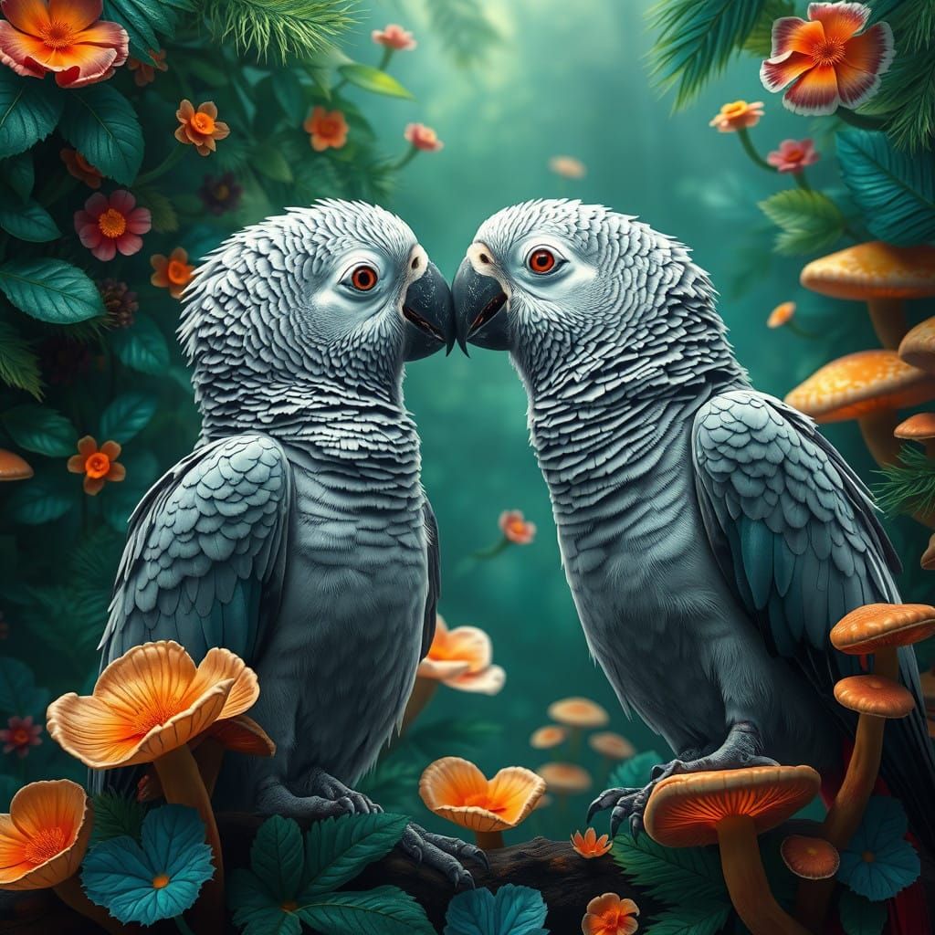Two Adorable African Grey Parrots Share a Tender Kiss in a V...