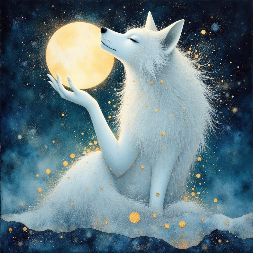 White Wolf Cradles Luminous Moon in Surreal Fantasy Art