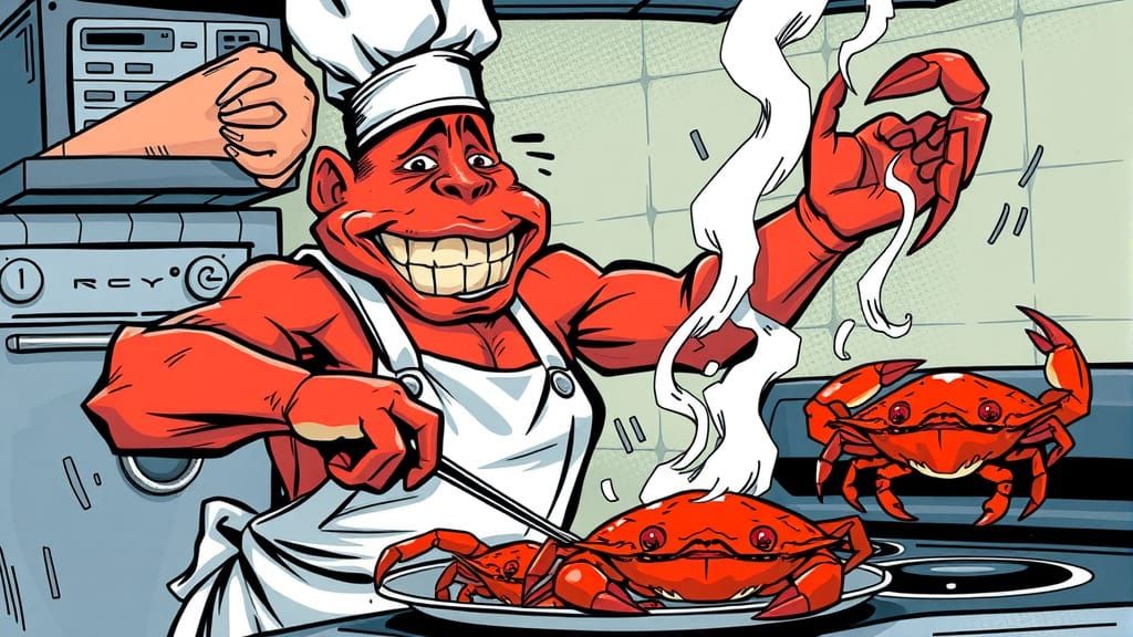 Crab-Headed Chef Cooking Men-Headed Crabs, Comic Book Art
