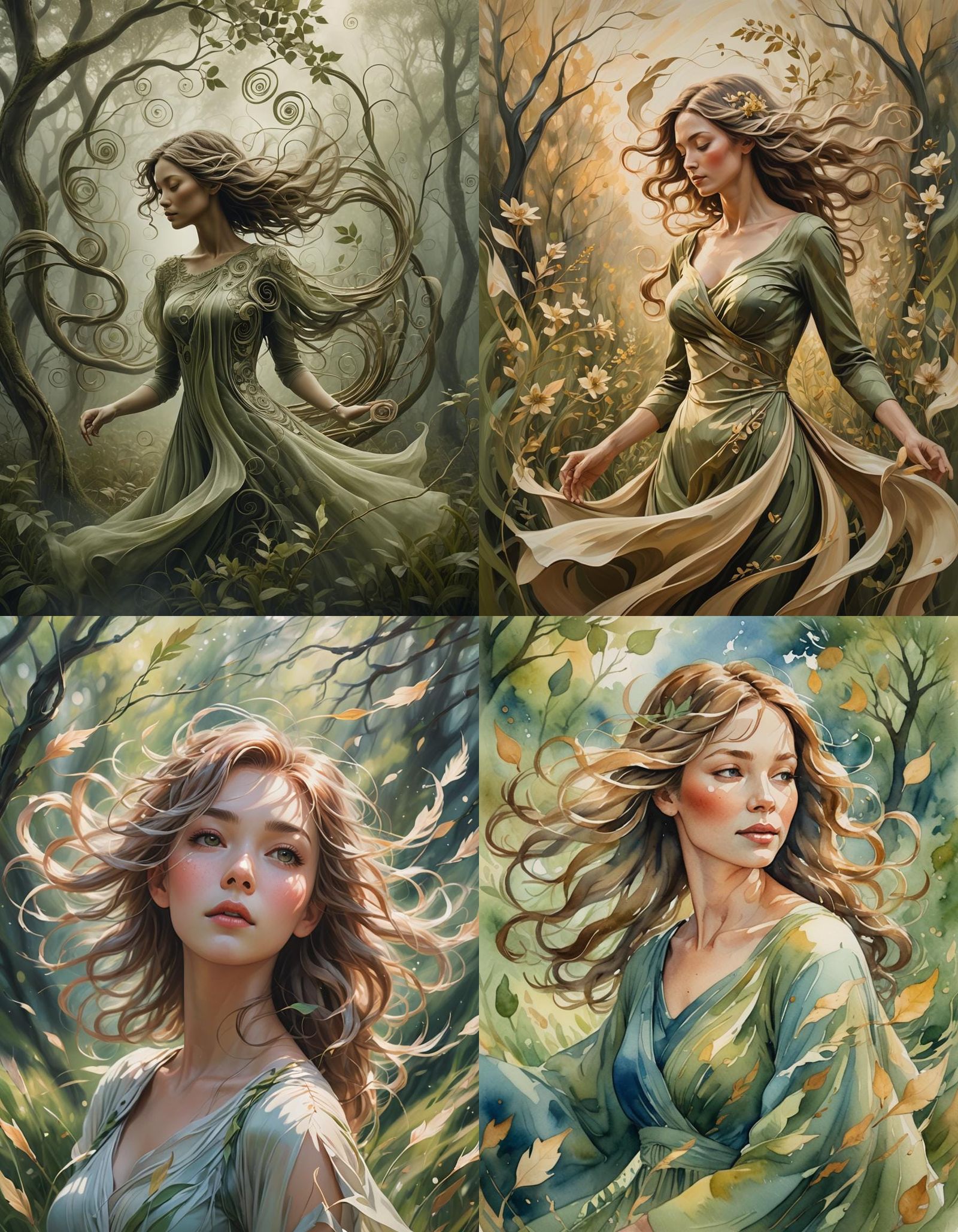 Wind Woman with Swirling Leaves in Natural Colors