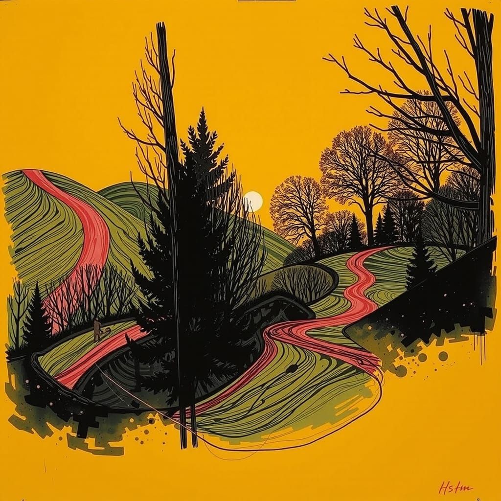 Colorful Landscape with Pink Figure and Light