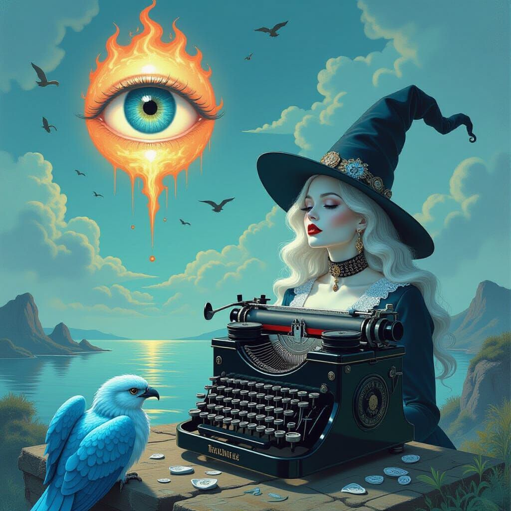 Dreamlike Femme Fatale with Flaming Eyeball by Antique Typew...