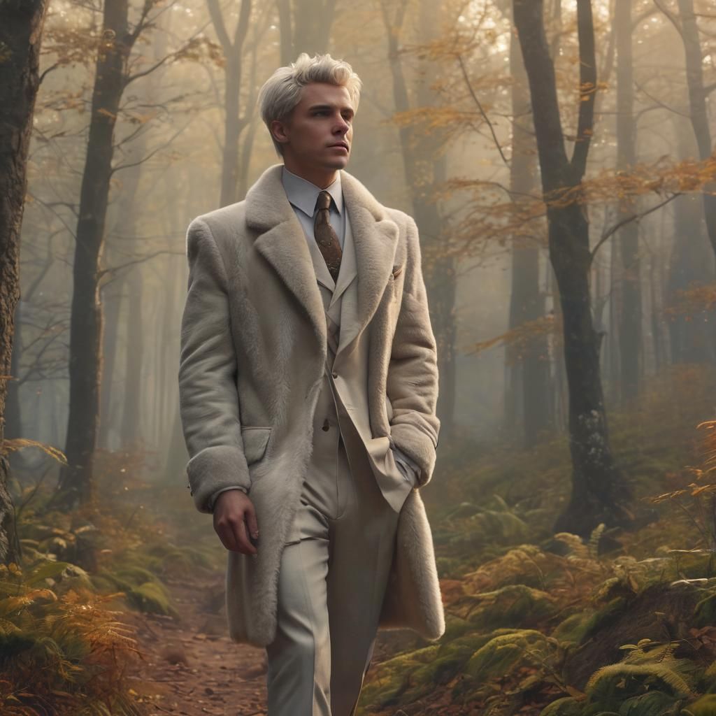 Elegant Man in Furs Walks Through Misty Forest