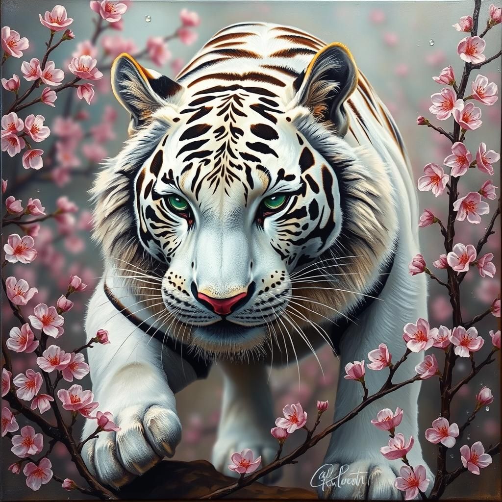 Vibrant white tiger with piercing emerald eyes,fur textured with European folk art brushstrokes,edges in golden strokes,...