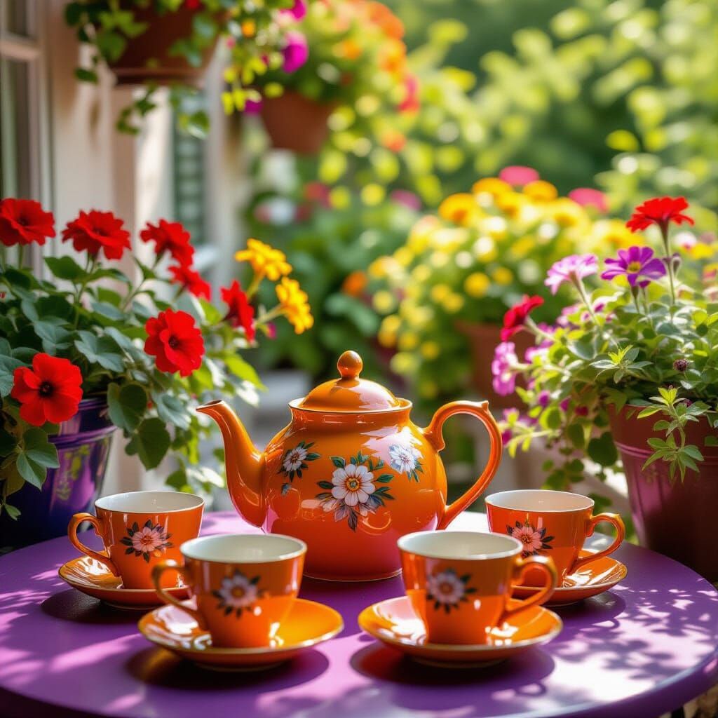 Elegant Orange Teapot and Cups on Purple Table