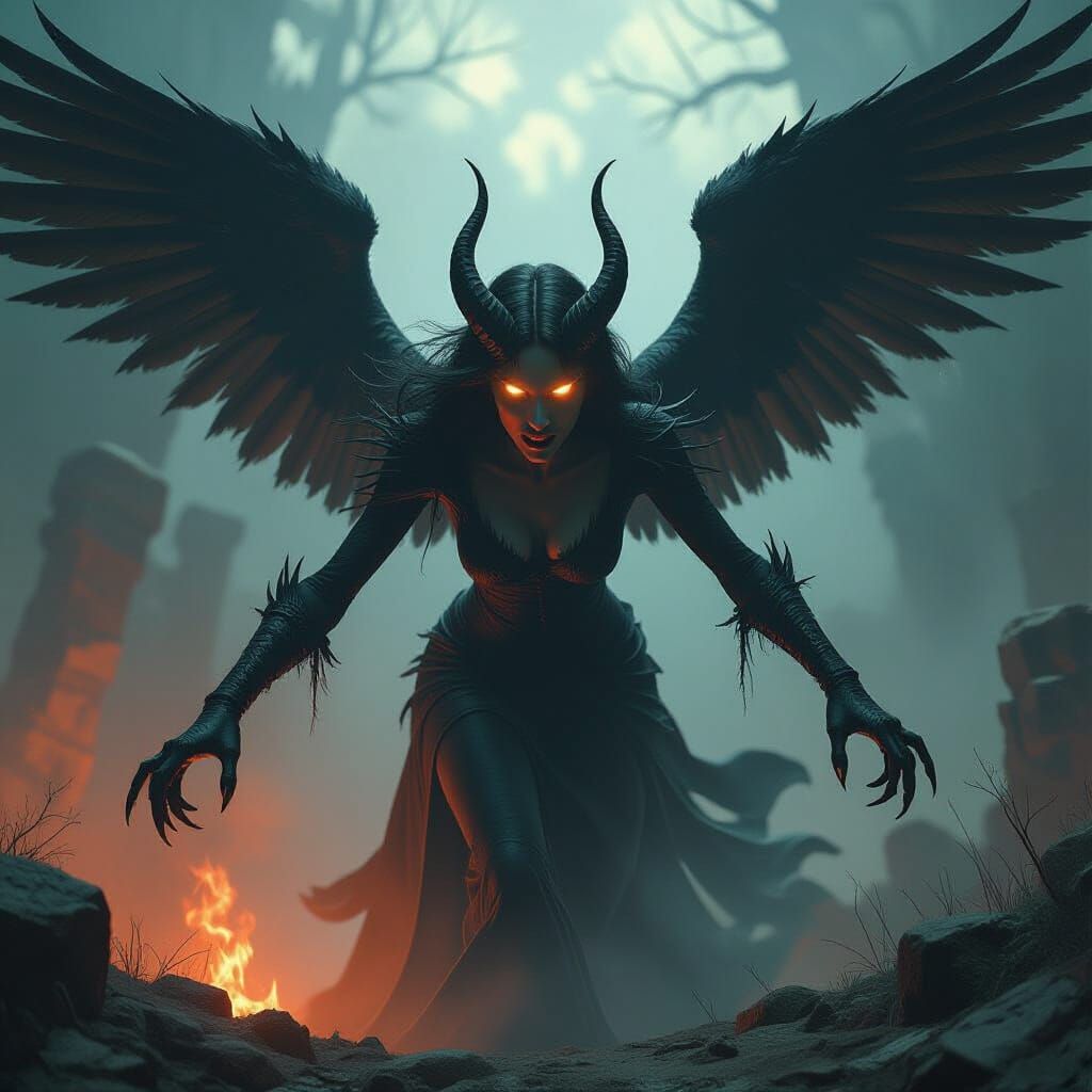 Terrifying Winged Woman with Glowing Eyes and Magic Aura