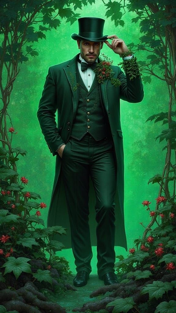 Plague Doctor in Green Tuxedo Entangled in Poison Ivy