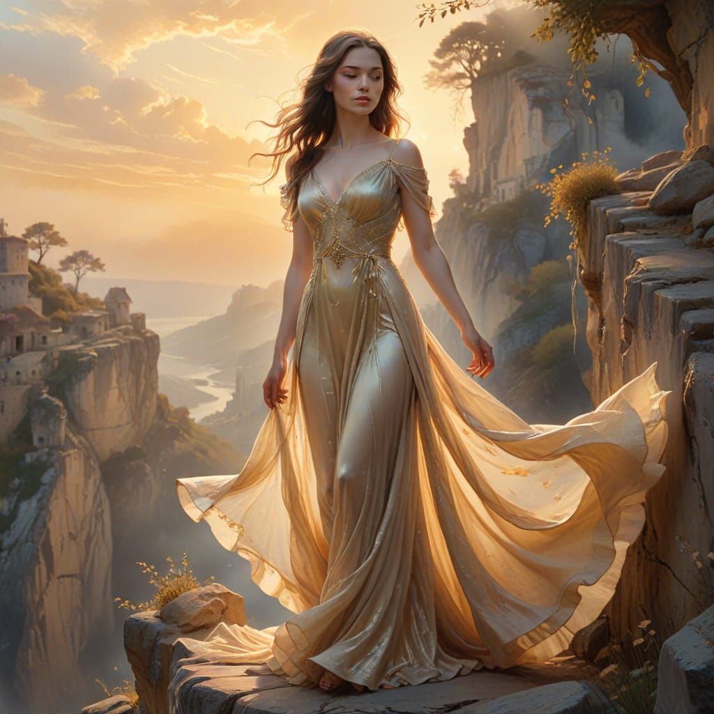 Woman on Precipice in Expressive Watercolor Style