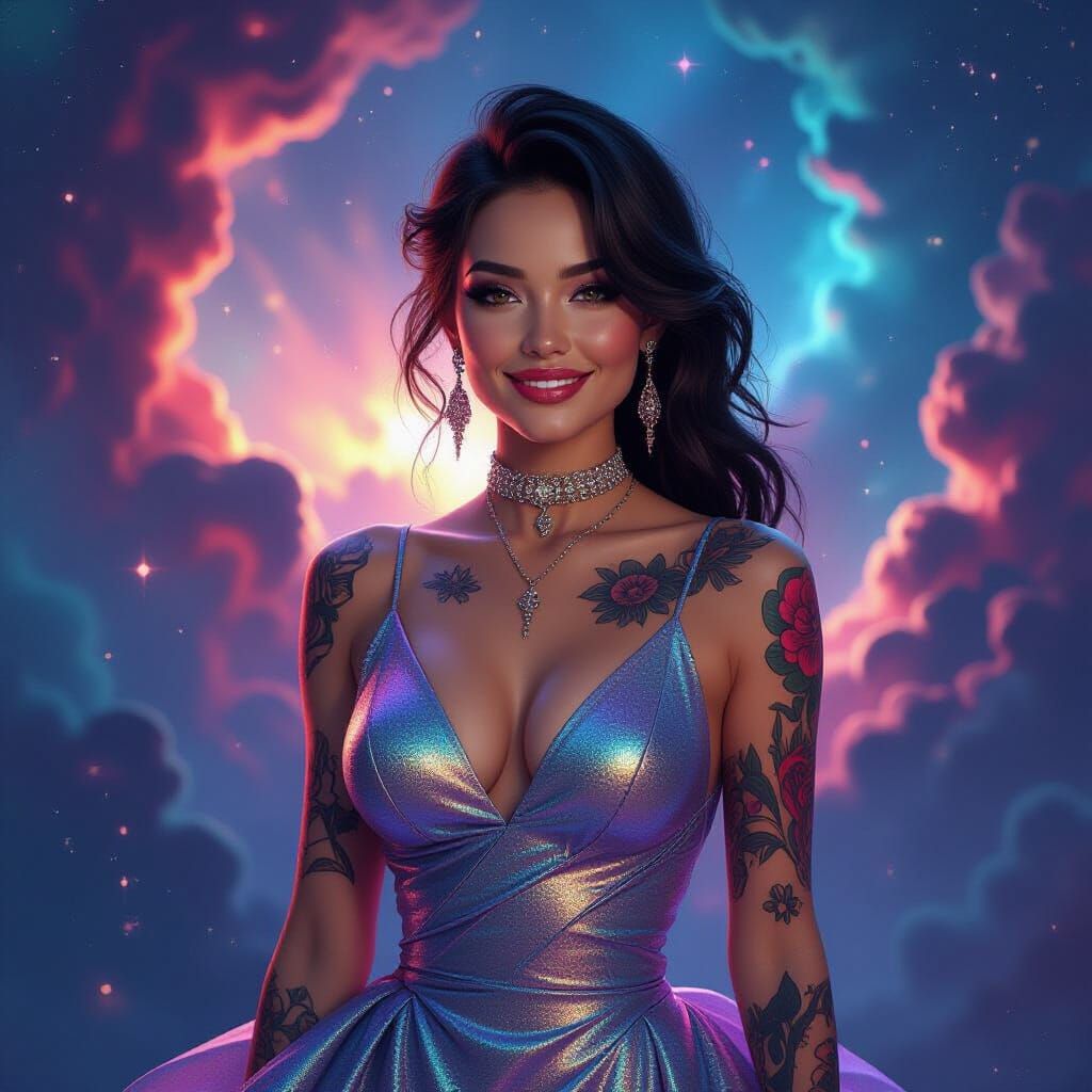Cosmic Tattooed Woman in Digital Art Style