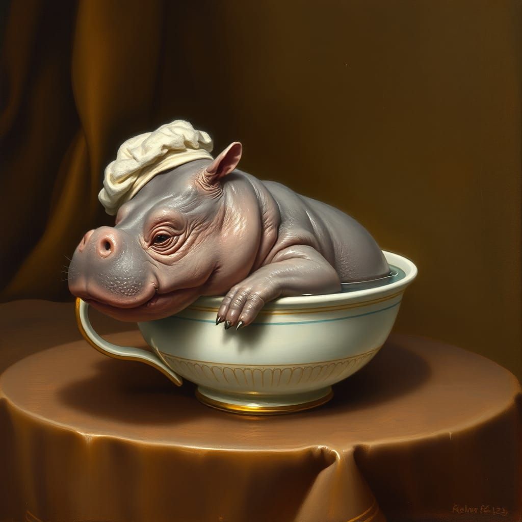 Tiny Hippo's Tea Time Bath, Heinrich Kley Style
