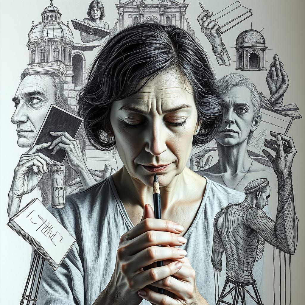 Dreamlike Portrait of Woman Drawing Herself, 3D Render