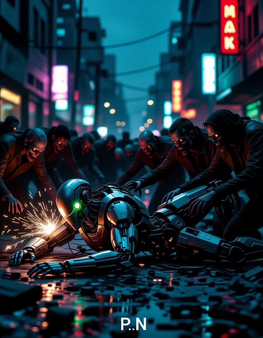 Cyborg Overwhelmed by Zombies on Gritty Sci-Fi Street