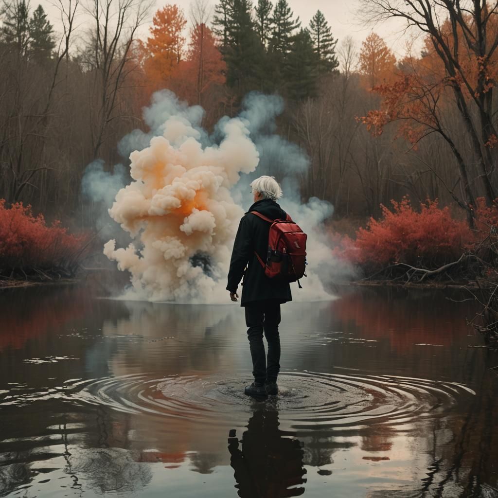 Cinematic Boy in Water with Smoke and Red Backpack