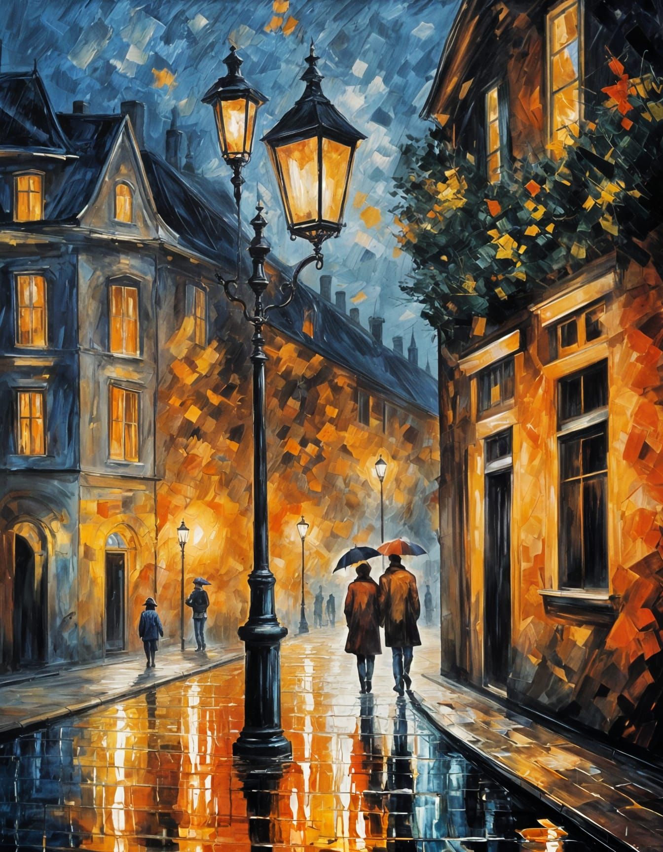 Impressionist Night Street Scene with Glowing Lamps