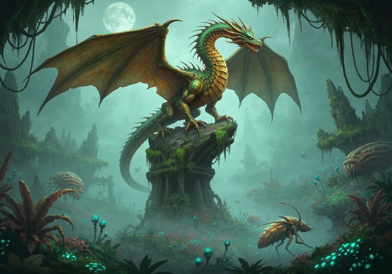 Ancient Dragon on Ruin Above Alien Jungle
