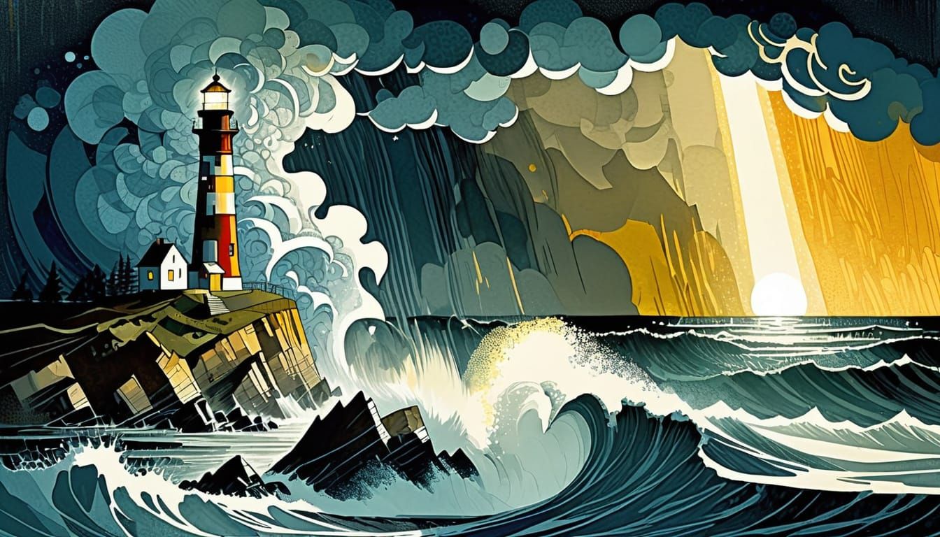 Dramatic Lighthouse in Thunderstorm, Hand Drawn Digital Art