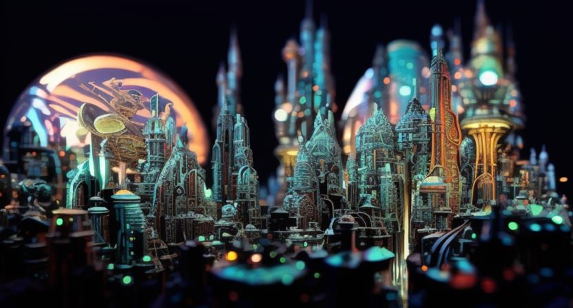 Hyper Detailed Tilt-Shif-Macro Photography of a Polychromatic Solarpunk City with many Biomechanical Features - In the S...