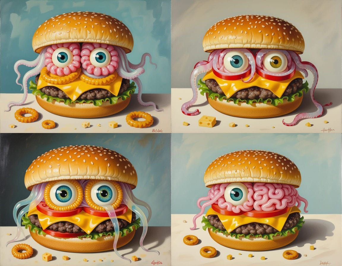 Surreal Cheeseburger Jellyfish Brain in Oil Painting Style
