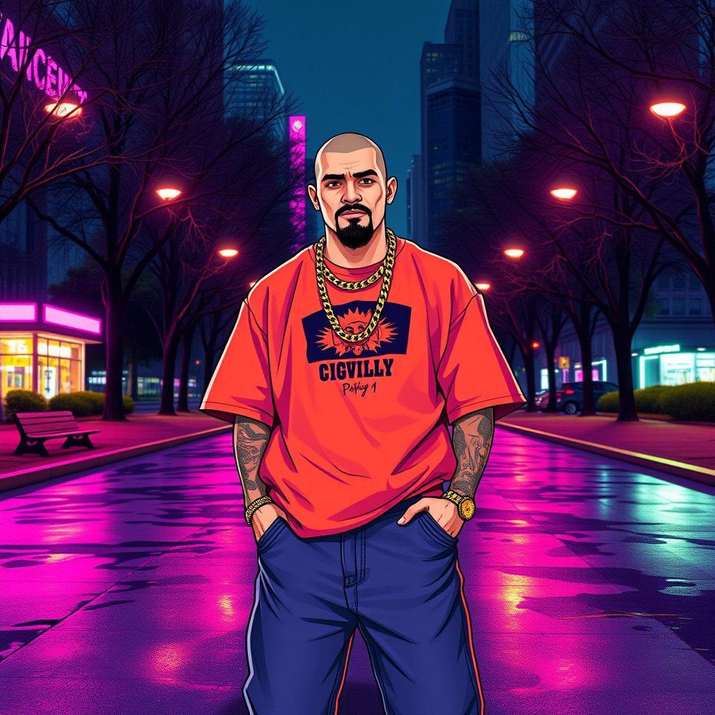 Dynamic Illustration of Rapper in Neon-Lit Park