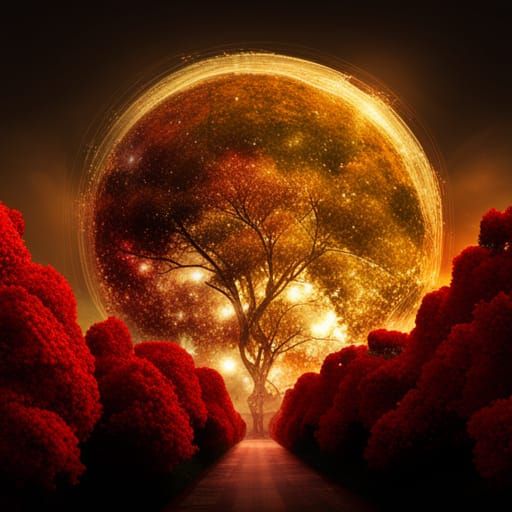 A large, beautiful, glowy orange and yellow Harvest Moon wit...